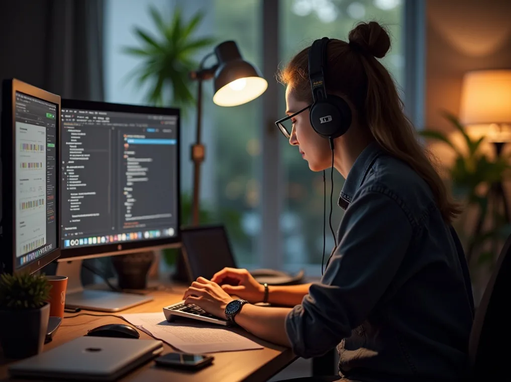 Content creator at desk with camera