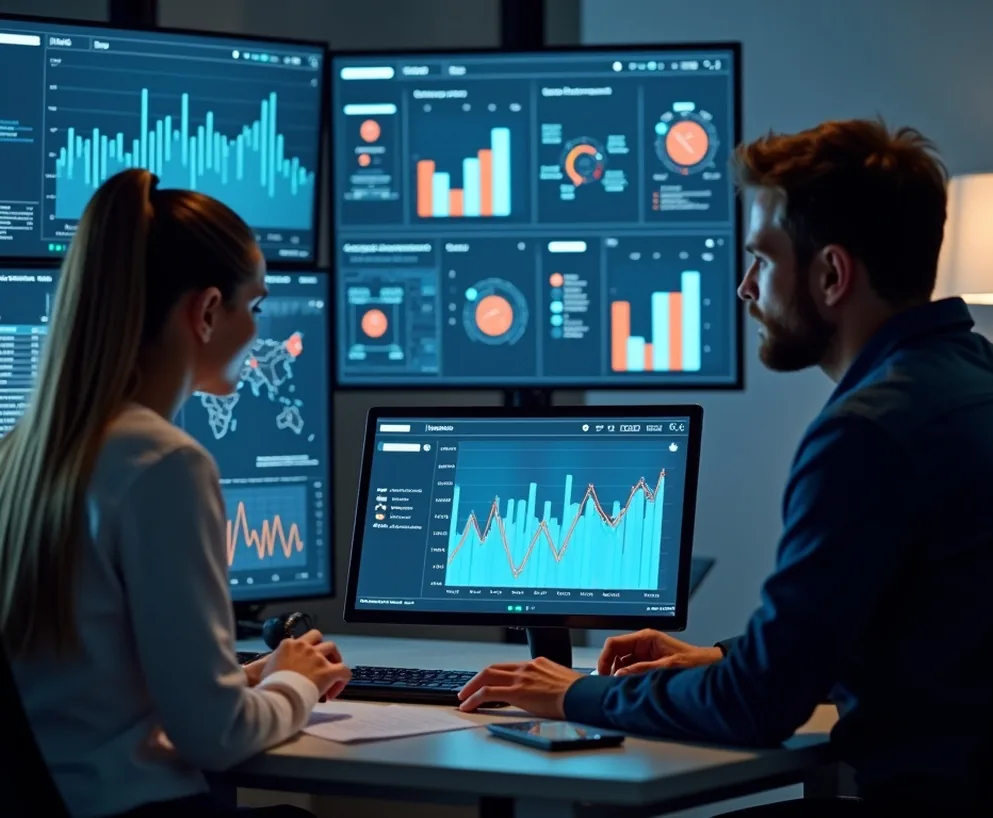 Digital marketing team analyzing data screens